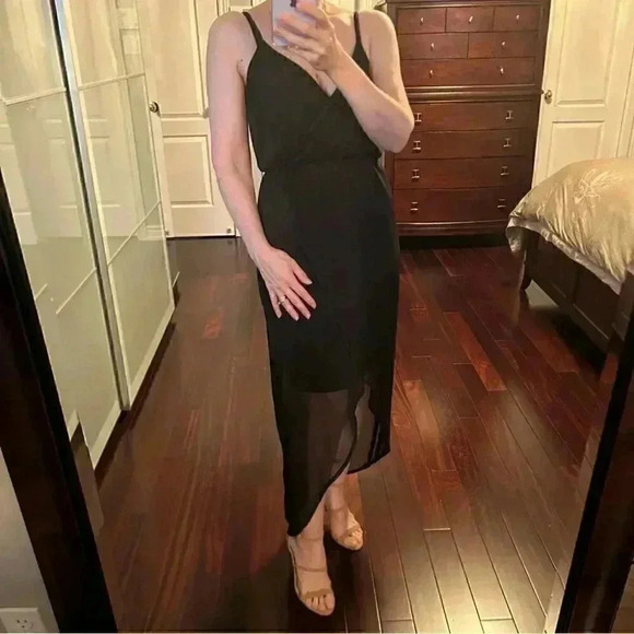 Smart Set Midi Maxi Dress Black Sheer Flowy High Low Wrap Front Asymmetric XS - Picture 14 of 16